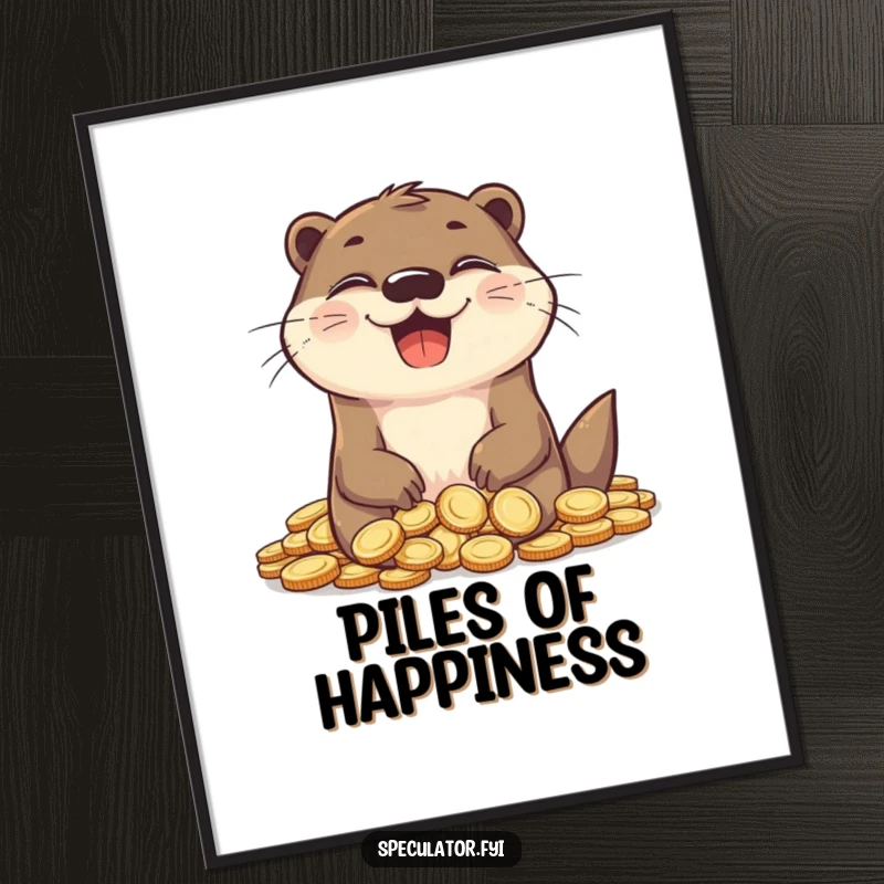 Funny otter poster, grinning with glee, surrounded by a treasure trove of coins, wealth graphic.
