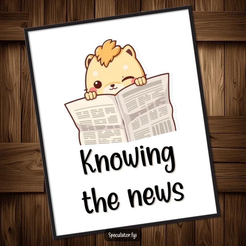 Funny creature peeking from behind a newspaper with a sly smirk, displayed as intriguing wall art.