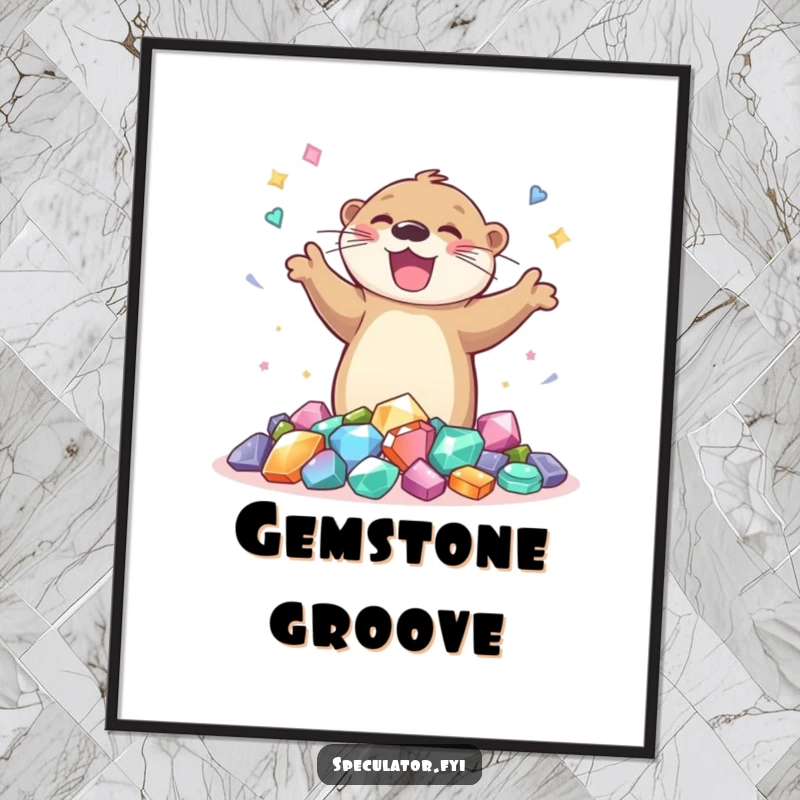 Funny wall art poster of a joyful otter dancing happily around a pile of glittering gems, perfect for adding cheer.