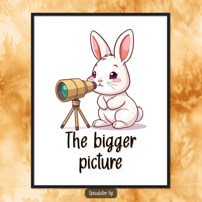 Funny curious bunny poster peering through tiny telescope, a little explorer character adding wonder to decor.