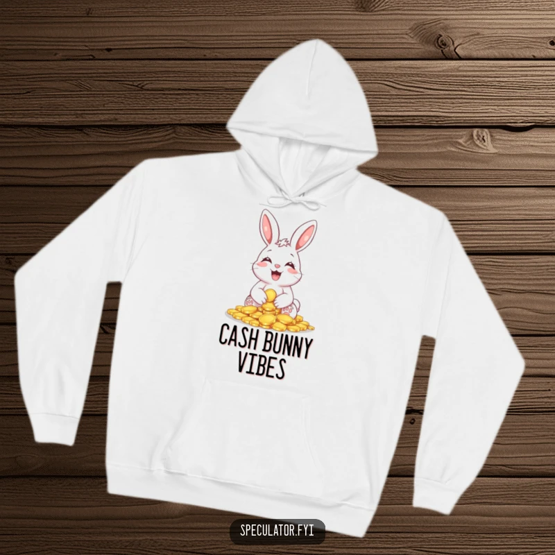 Funny Giggling Bunny Coin Hoodie featuring a happy bunny with shiny coins, perfect for cozy comfort and a touch of humorous wealth.