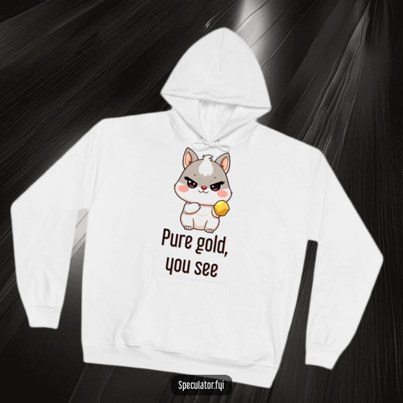 Funny Kawaii animal hoodie with sly wink holding a golden nugget, cozy and a perfect funny gift.
