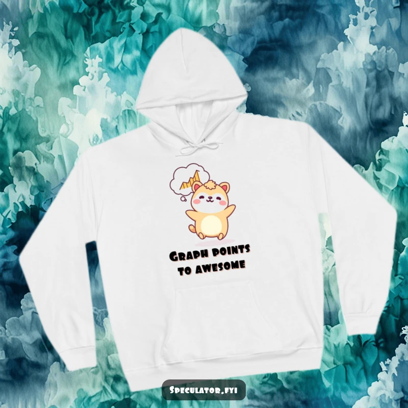 Funny Kawaii animal hoodie bouncing with a rising graph thought bubble, cozy and a perfect funny gift.