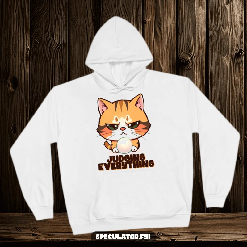 Funny skeptical cat hoodie examining shimmering object with narrowed eyes, a cozy suspicious character perfect for pondering.