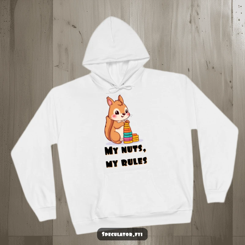Funny squirrel hoodie with a playful squirrel counting colorful tokens, designed for warmth and humor.