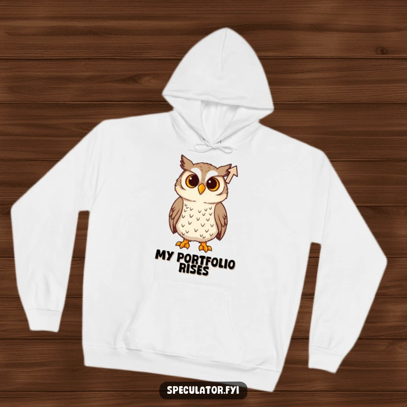 Funny Hoodie: A comfortable hoodie featuring a curious owl studying a rising arrow icon, designed for thoughtful warmth.