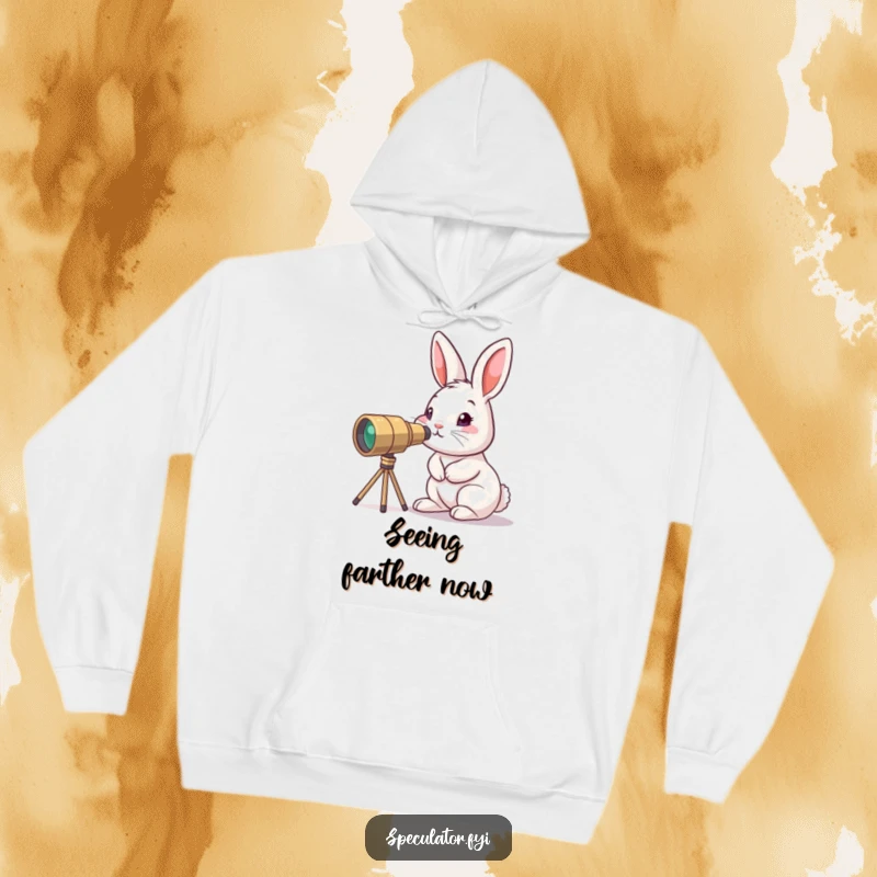 Funny curious bunny hoodie peering through tiny telescope, a cozy little explorer character ready for any journey.