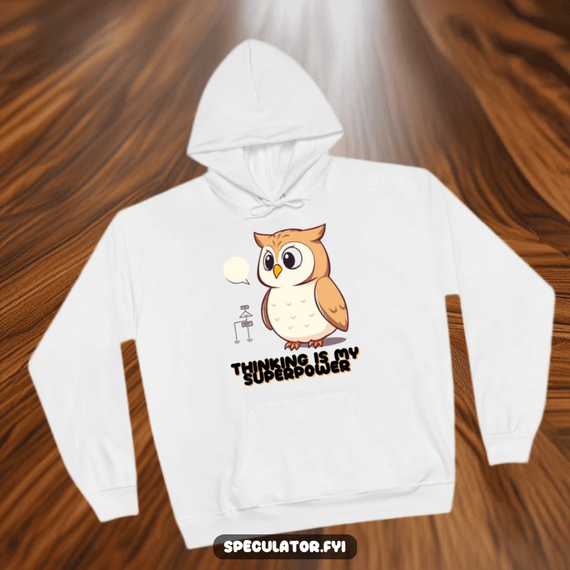 Funny owl hoodie depicting a wise bird analyzing a complex flowchart, offering warmth and intellect for screen readers appreciating thoughtful humor.