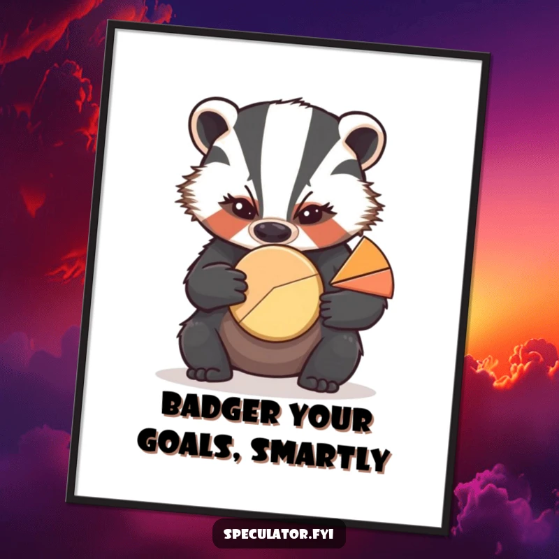 Funny free printable wall art: A serious badger with a furrowed brow intently examines a pie chart, bringing smart humor.