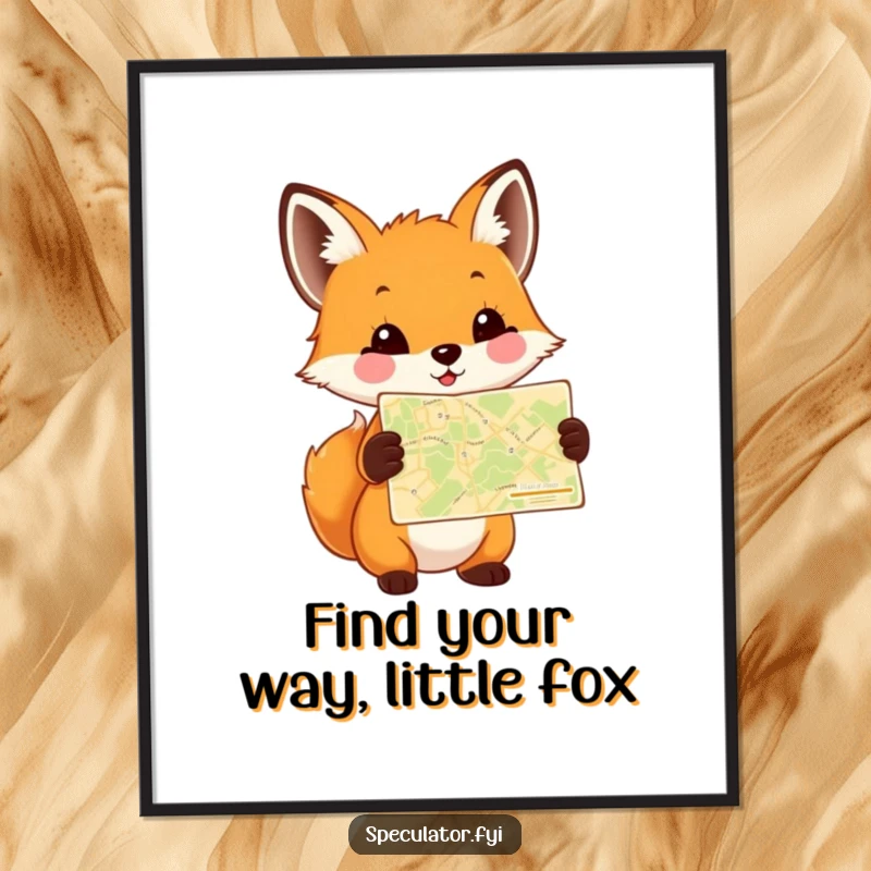 Funny Free Printable Wall Art: A happy fox cub holding a tiny, intricate map, embodying curiosity and the joy of exploration.