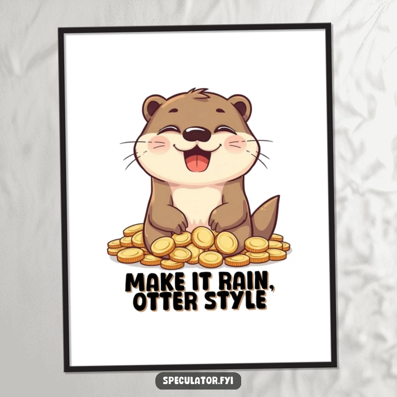 Funny Free Printable Wall Art: A delighted otter grins joyfully, sitting in a huge pile of shiny coins. Wealthy.