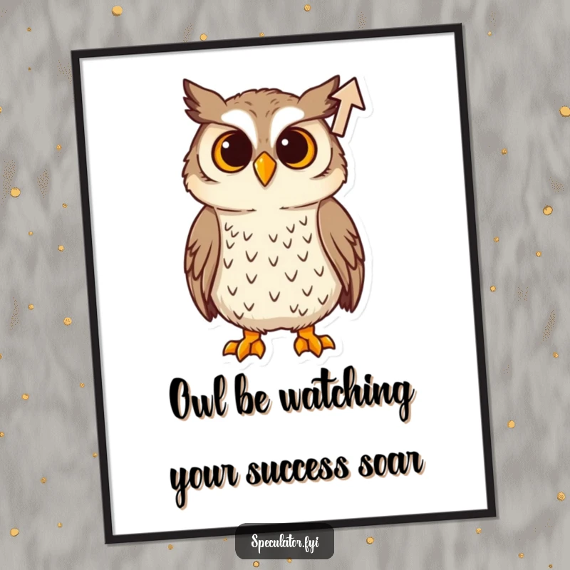 Funny Free Printable Wall Art: A curious owl tilts its head, observing a rising arrow icon with keen interest.