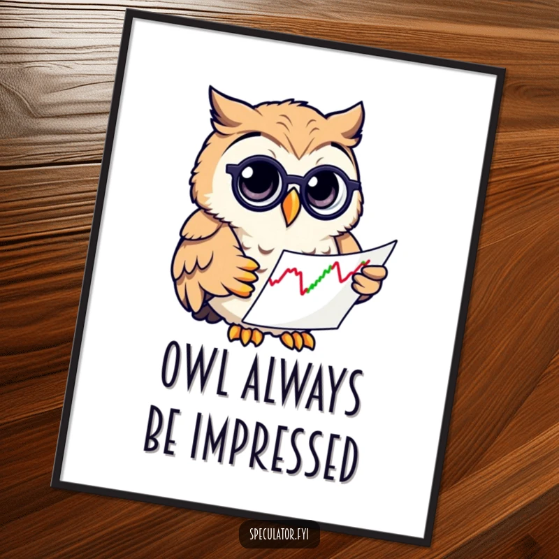 Funny Free Printable Wall Art: A curious owl sporting a monocle examines a stock chart with intense focus, a humorous addition.