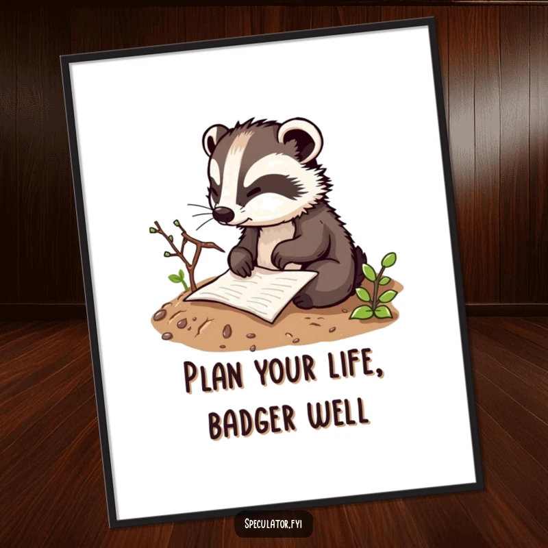 Funny Free Printable Wall Art: A thoughtful badger character intently sketches a strategic plan in the dirt with a twig.