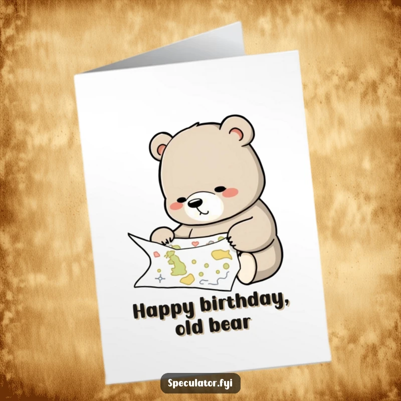 Funny Free Printable Birthday Card: Thoughtful bear pores over a complex map, planning a birthday adventure. Humorous downloadable greeting.