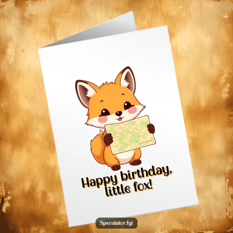 Funny Free Printable Birthday Card: A happy fox cub holding a tiny, intricate map, ready for a birthday adventure and exciting discoveries.