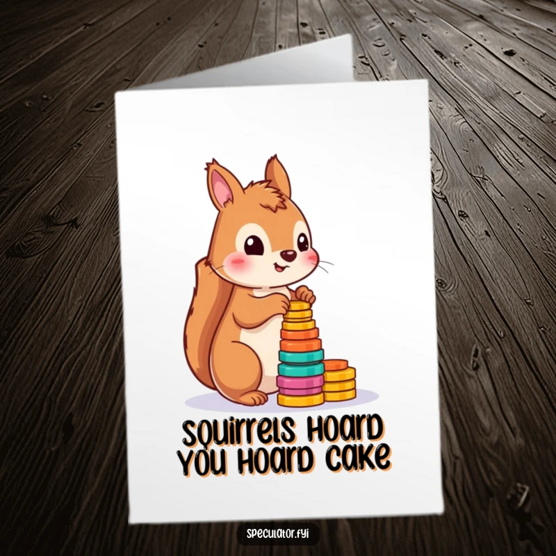 Funny free printable birthday card: Playful squirrel happily counts colorful tokens, ready to celebrate your special day.