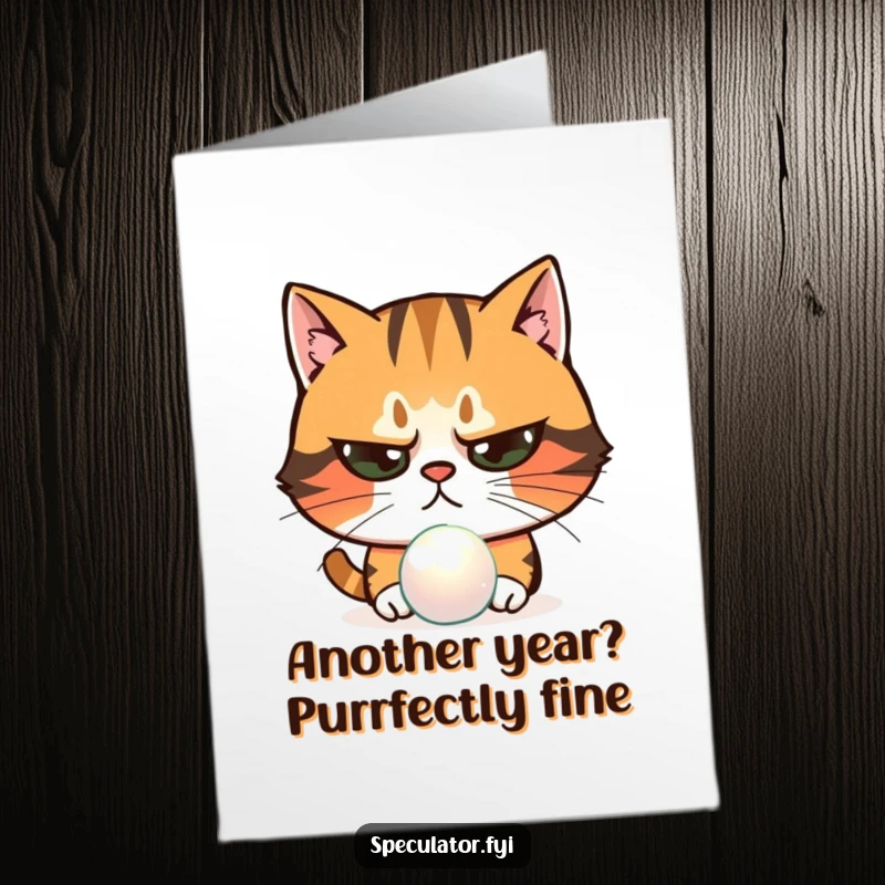 Funny Free Printable Birthday Card: A skeptical cat narrowing its eyes at a shimmering object, questioning the birthday.