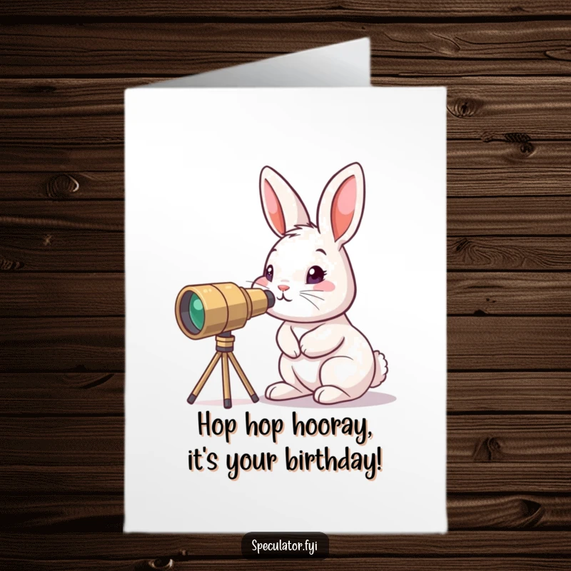 Funny Free Printable Birthday Card: A cute bunny with a tiny telescope looking towards the future, celebrating a birthday.
