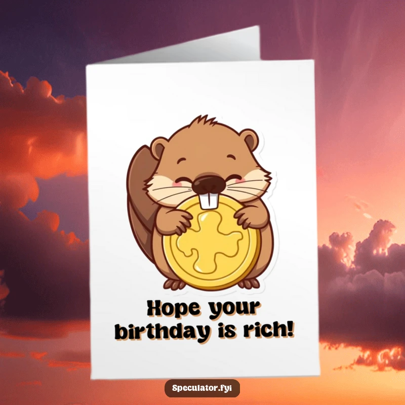 Funny Free Printable Birthday Card: Determined beaver happily gnawing on a large golden coin, celebrating a rich birthday.