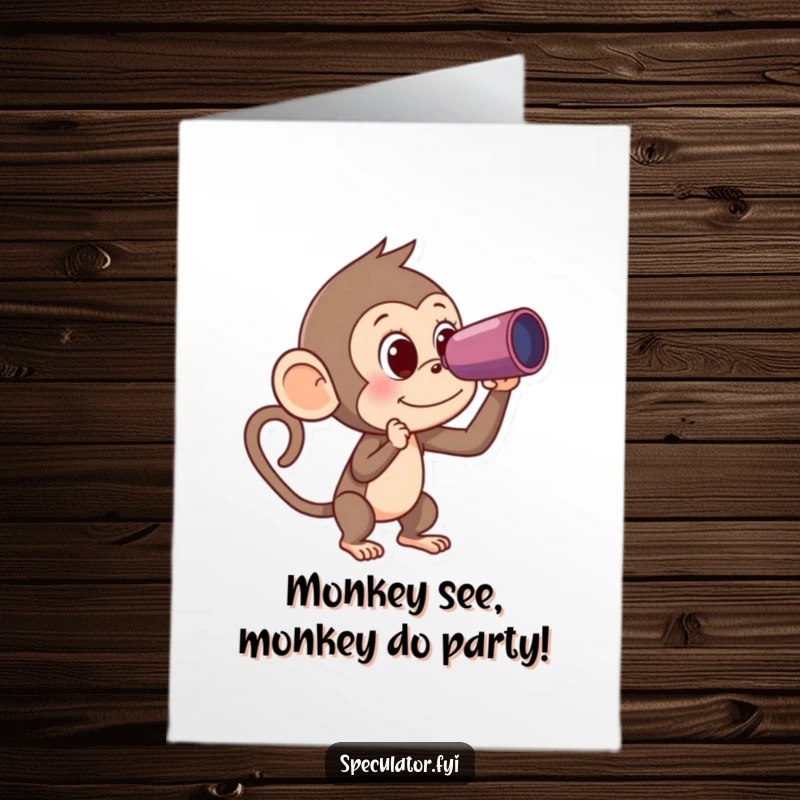 Funny Free Printable Monkey Birthday Card: Curious monkey spies banana with spyglass, ready for hilarious birthday wishes.