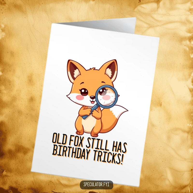 Funny Free Printable Birthday Card: A cheerful fox with a magnifying glass examining a big question mark, perfect for birthdays.