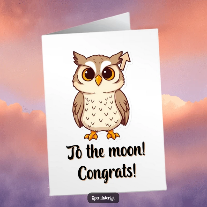 Funny Free Printable Congratulations Card: A curious owl intently observes a steadily rising arrow icon, symbolizing progress.