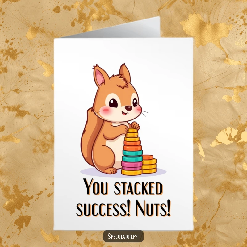 Funny free printable congratulations card: A cheerful squirrel enthusiastically counts colorful tokens, celebrating your success.