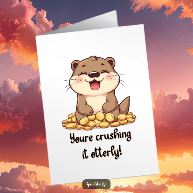 Free Printable Congratulations Card: Overjoyed otter sits in a mountain of coins, embodying success. Funny.