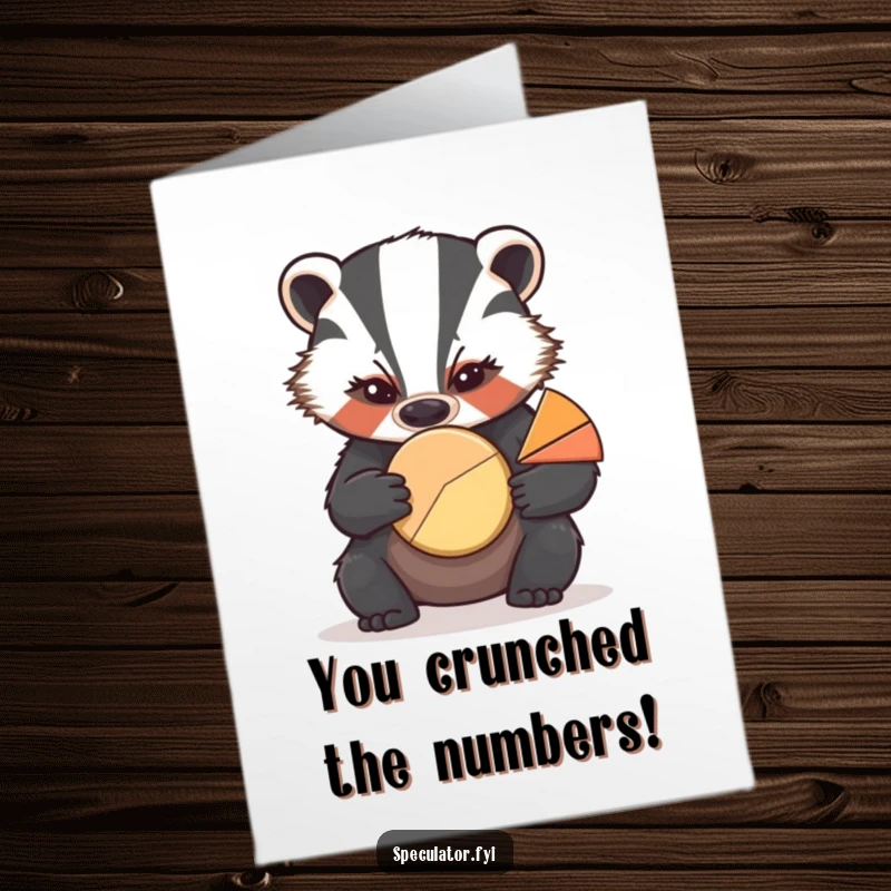 Funny free printable congratulations card: A stern badger pores over a pie chart, humorously marking a milestone.