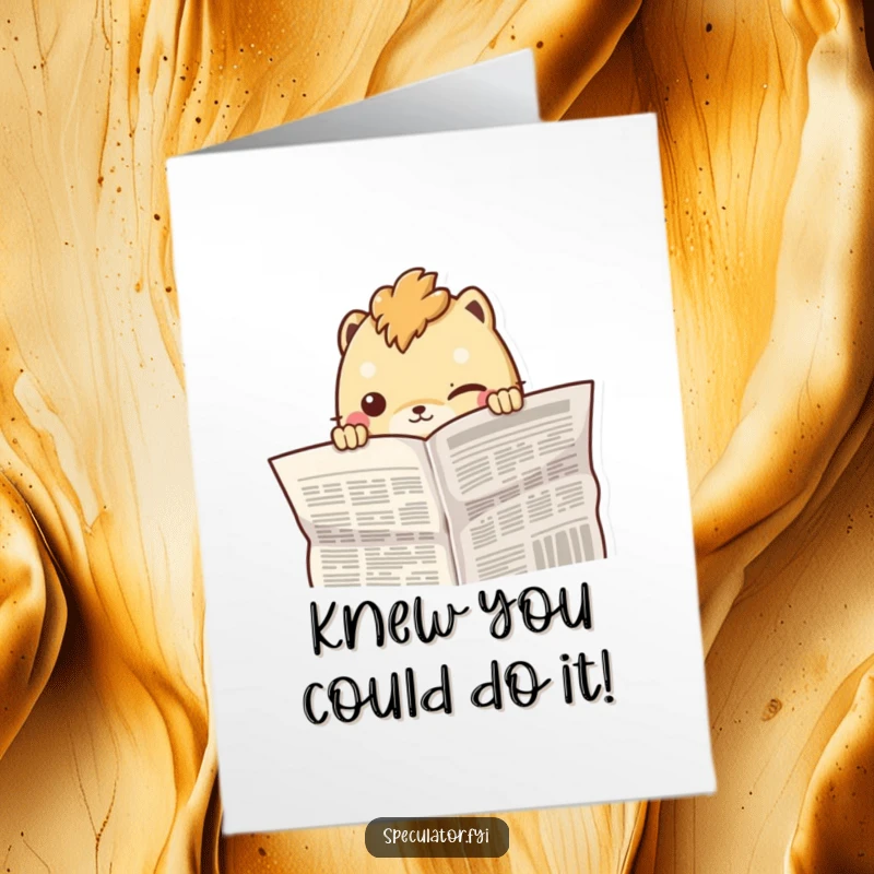 Funny Free Printable creature peeking with a smirk behind a newspaper on a congratulations card, celebrating cleverness.