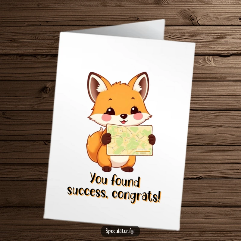 Funny Free Printable Congrats Card: A happy fox cub holding an intricate map, symbolizing a well-charted path to success and celebration.