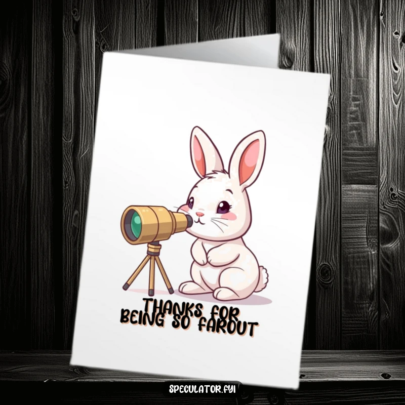 Funny Free Printable Thank You Card: A curious bunny using a tiny telescope to observe something, expressing thanks.