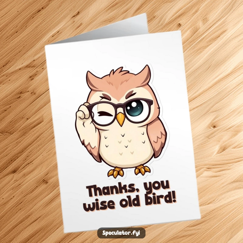 Funny Free Printable Thank You Card featuring a proud owl adjusting spectacles and winking, elegantly expressing gratitude.