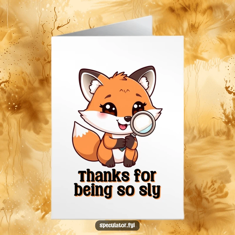 Funny Free Printable Thank You Card: A playful fox with a confident grin holds a magnifying glass, kindly thanking someone.