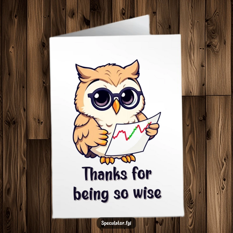 Funny Free Printable Thank You Card showing a curious owl with a monocle looking at a stock chart, expressing thanks.