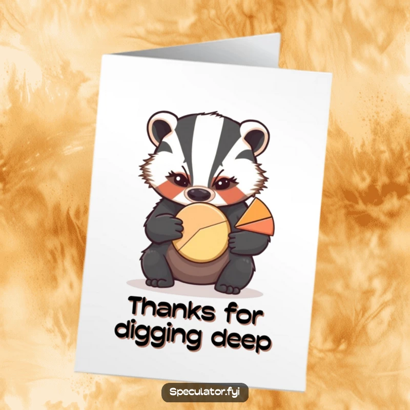 Funny free printable thank you card: A badger with a furrowed brow examines a pie chart, thanking them analytically.
