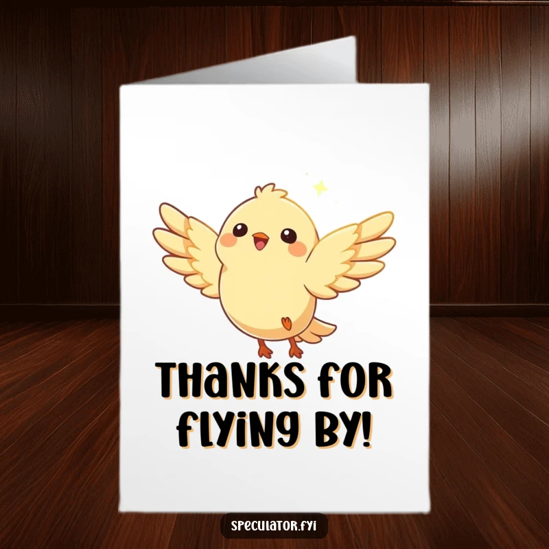 Funny Free Printable Thank You Card: Joyful bird with wings spread, soaring towards a distant light, expressing heartfelt thanks with humor.