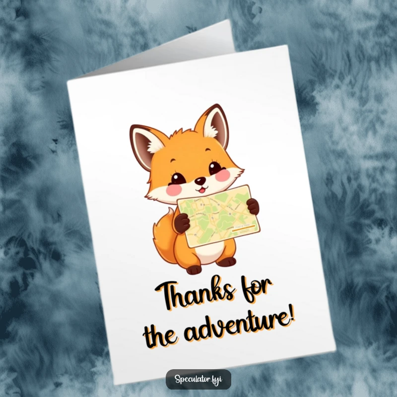 Funny Free Printable Thank You Card: A happy fox cub holding a detailed map, a charming way to thank someone for their help.