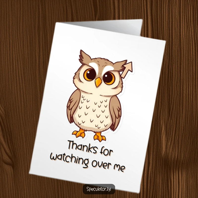 Funny Free Printable Thank You Card: A curious owl with a tilted head observes a rising arrow icon, signifying appreciation.