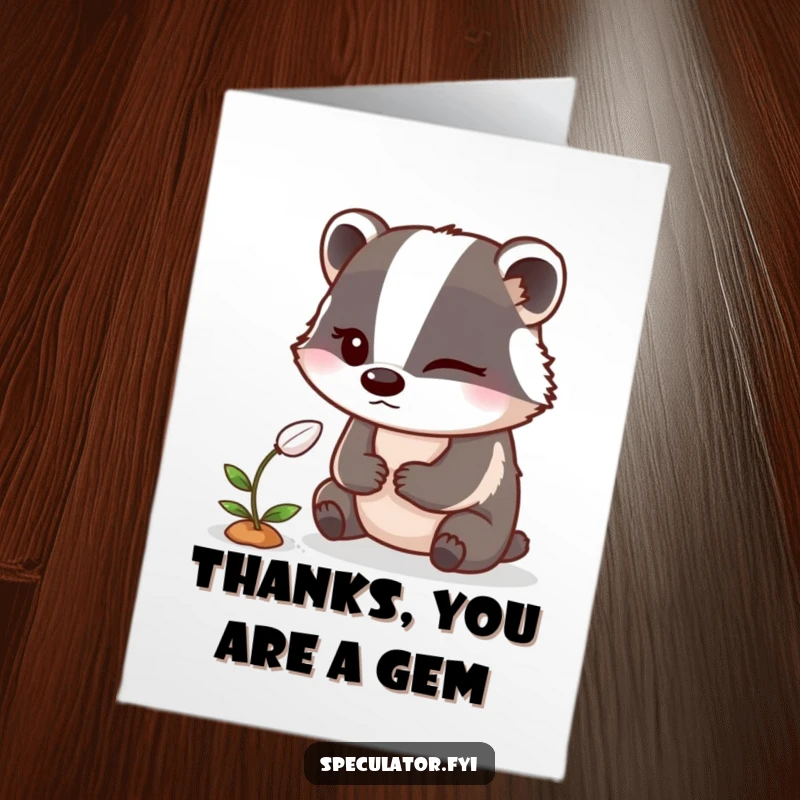 Funny Free Printable Thank You Card: A winking badger watches a sprouting seed, conveying a secret thank you with humor.