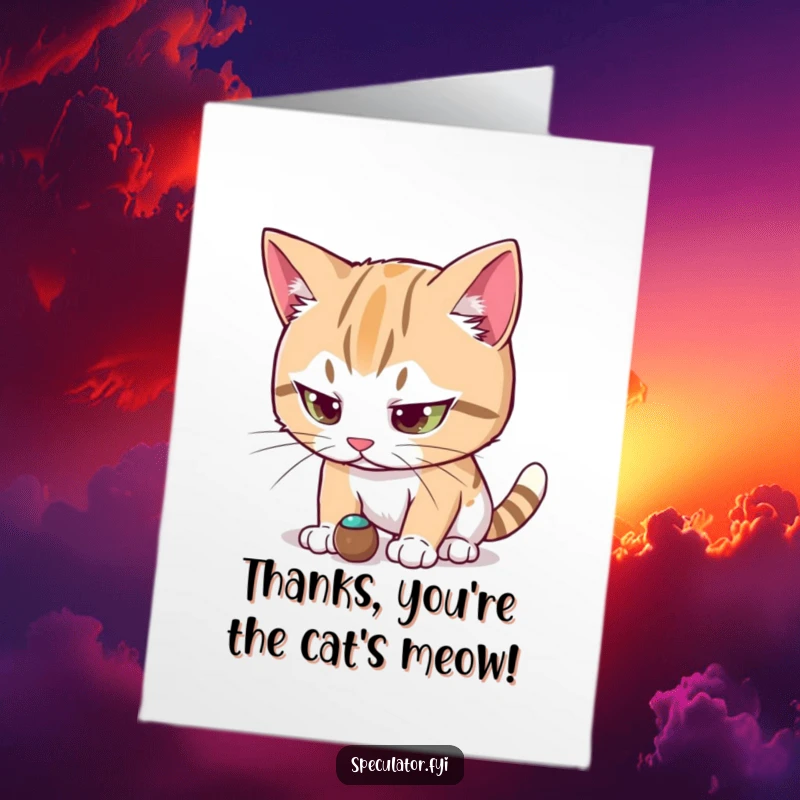 Funny Free Printable Thank You Card: A cat character intently watches a small object, a metaphor for focused gratitude.