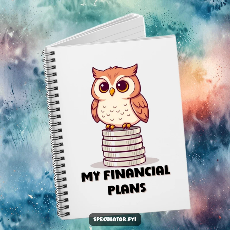 Funny notebook featuring a curious owl perched on a stack of coins, perfect for jotting down notes and financial plans with a smile.