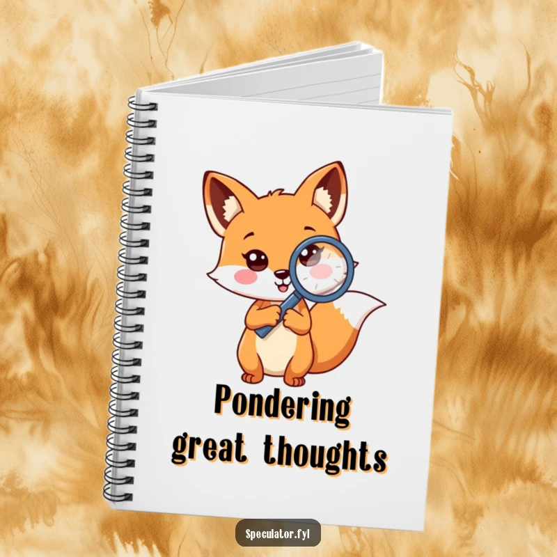Funny cheerful fox notebook holding magnifying glass to question mark, a curious detective character for jotting down clues.