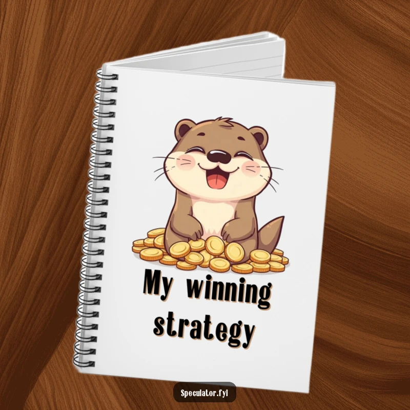 Funny otter notebook, grinning happily, surrounded by coins, great for budgeting and notes.