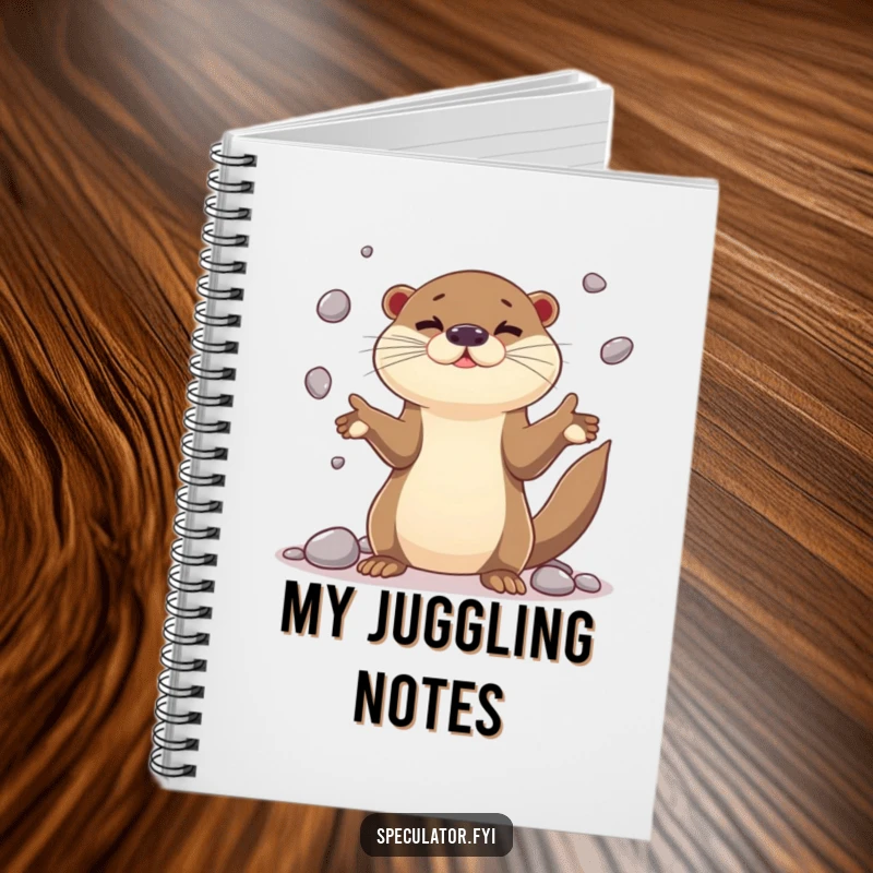 Funny playful otter character notebook juggling shiny pebbles with impressive dexterity, perfect for capturing ideas with aquatic charm and humor.