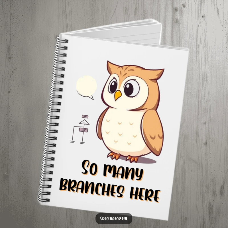 Funny owl flowchart notebook featuring a wise bird studying a detailed diagram, perfect for note-taking, journaling, and expressing clever thoughts.