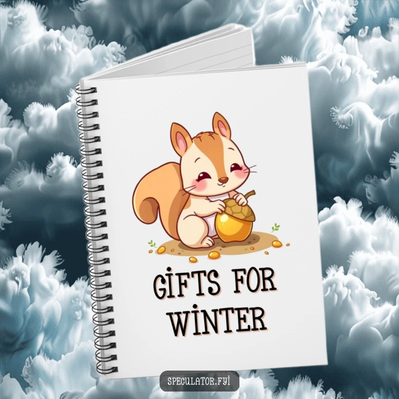 Funny squirrel notebook with a character burying a shiny gold acorn, great for journaling with humor.