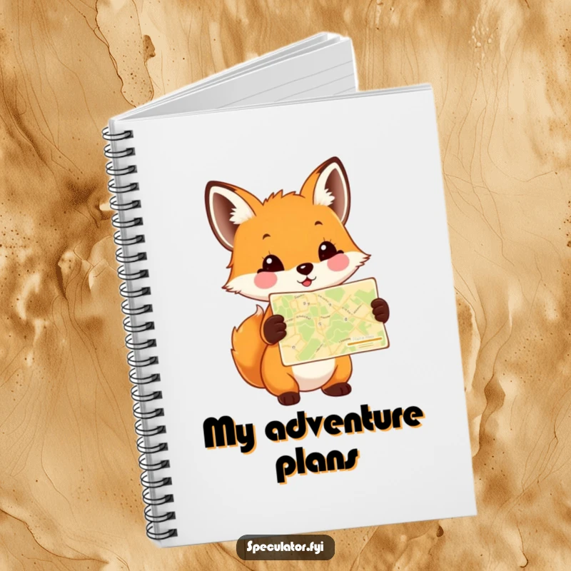 Funny Fox Cub Map Notebook featuring a happy cub holding a tiny map, perfect for note-taking with a sense of adventure and humor.