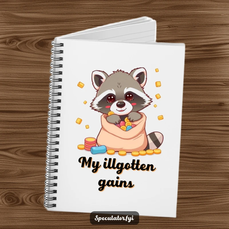 Funny raccoon notebook with a character peeking into a bag of riches, great for journaling with wit.